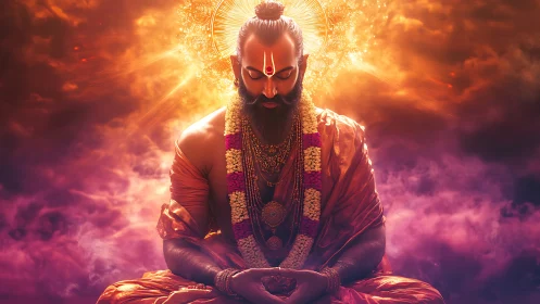 Meditating bearded guru sits in glowing orange celestial light