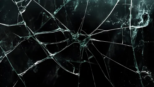 Close-up of shattered glass with sharp cracks, dark abstract style.