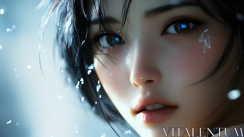 Iridescent portrait of wet-haired girl in icy light closeup.