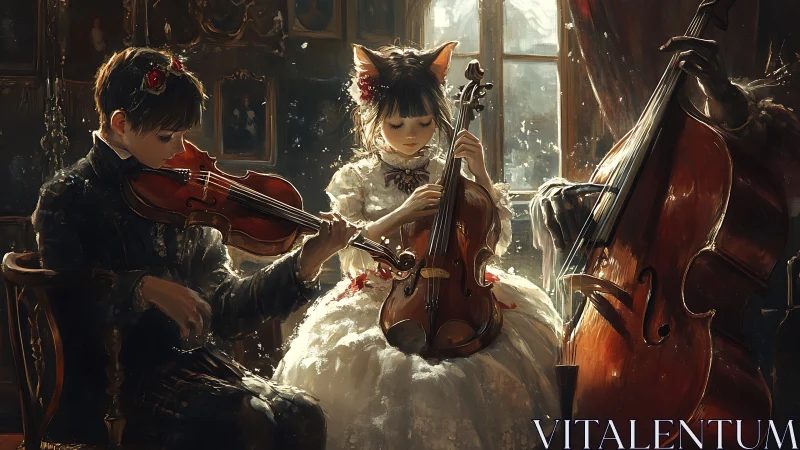 Ornate chamber trio with cat-eared girl and string ensemble