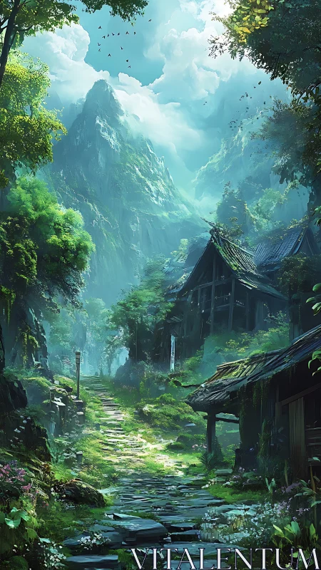 Stone path leads through lush village toward misty peaks