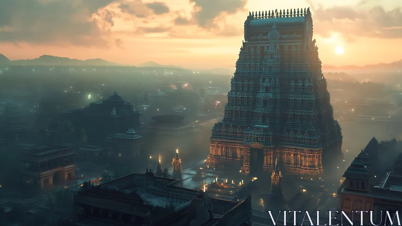 Sunlit temple tower rises over dense misty cityscape