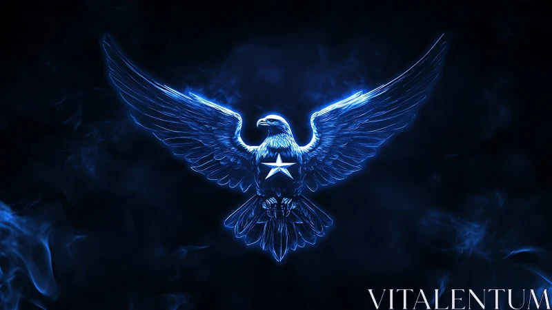 Glowing neon eagle emblem with radial blue rim lighting and smoke