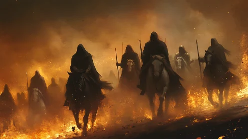 Dark riders emerging through blazing inferno at dusk.