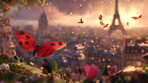 Ladybug with open wings hovers above Parisian rooftop garden