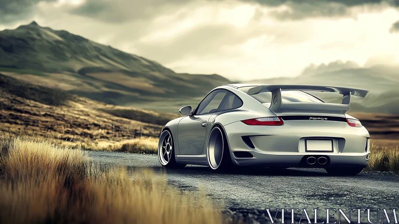 Silver sports coupe accelerates along remote mountain road