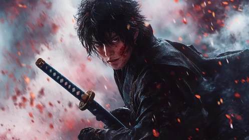 Battle-scarred swordsman in dynamic ember-filled portrait.