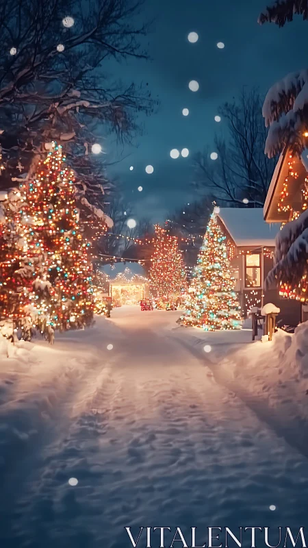 Snowy neighborhood glows under magical Christmas lights