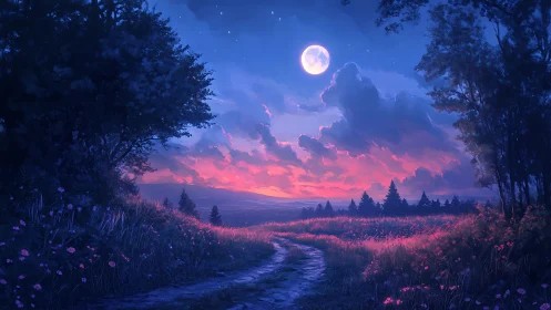 Moonlit wildflower path under cotton-candy twilight clouds.