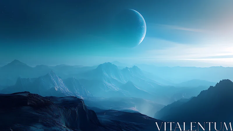 Alien blue mountains sleep beneath a distant frozen moon