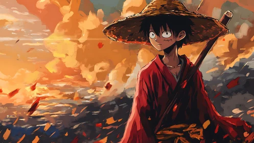 Straw-hatted wanderer watching a storm-bright sunset sky.