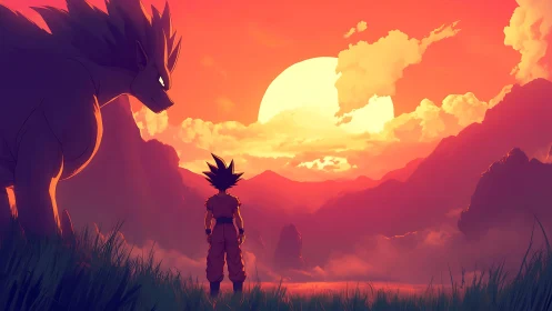 Anime sunset vista with warrior silhouette and spectral beast.