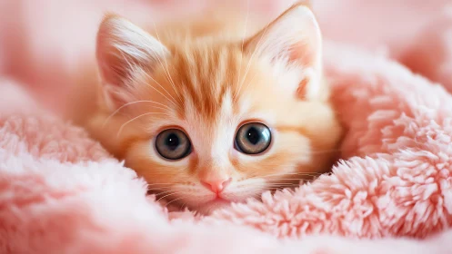 Orange and White Kitten in Pink Blanket