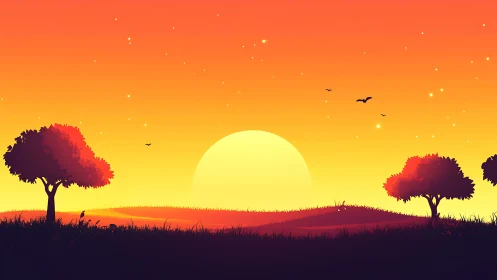 Digital landscape sunset with silhouetted trees and gradient sky.