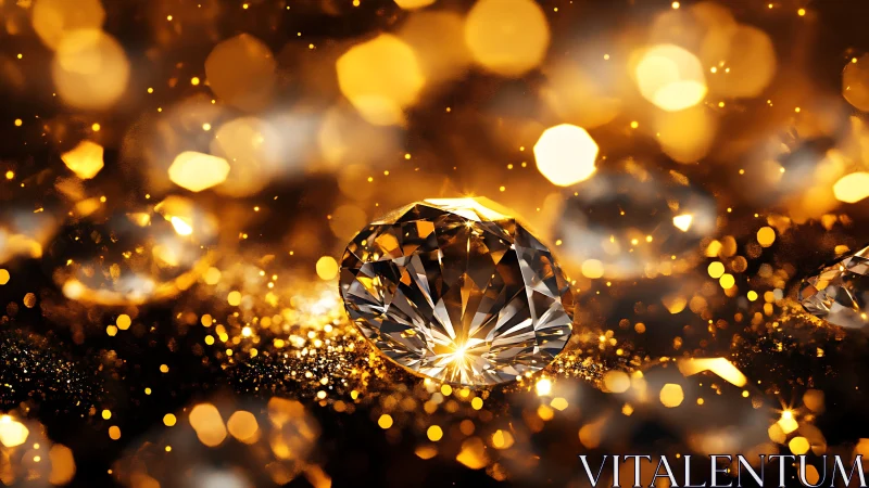 Radiant cut diamond amid molten gold bokeh glow.