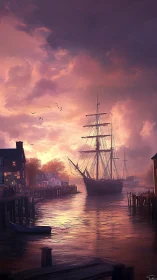 Harbor sunset welcomes a tall ship into glowing calm waters.