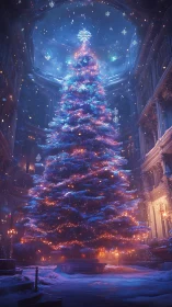 Illuminated indoor fir tree stands under domed glass ceiling