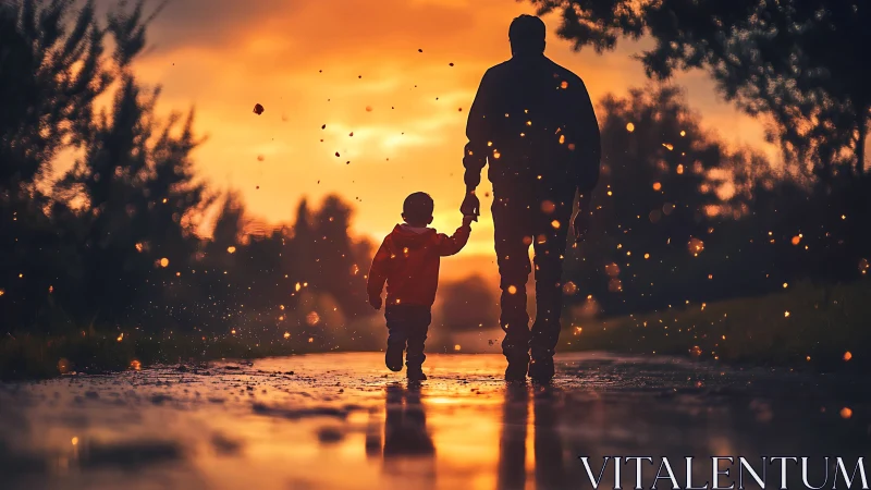 Silhouetted parent and child walk through glowing sunset rain