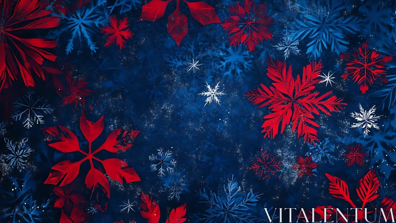 Digital painting of red and blue snowflake field on deep blue ground.