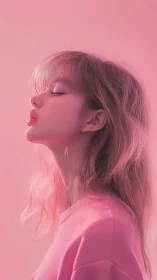 Side profile portrait in soft monochrome pink light.