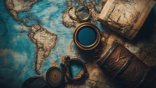 Vintage navigation instruments rest on worn world map