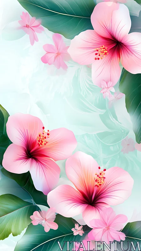 Pink hibiscus flowers with green foliage rendered digitally.