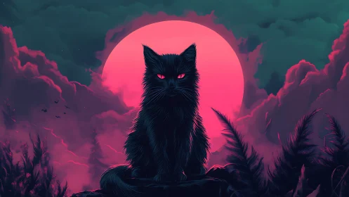 Midnight cat watching a neon moon in glowing clouds.
