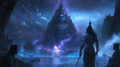 Mythic Shiva colossus in luminescent Himalayan nightscape