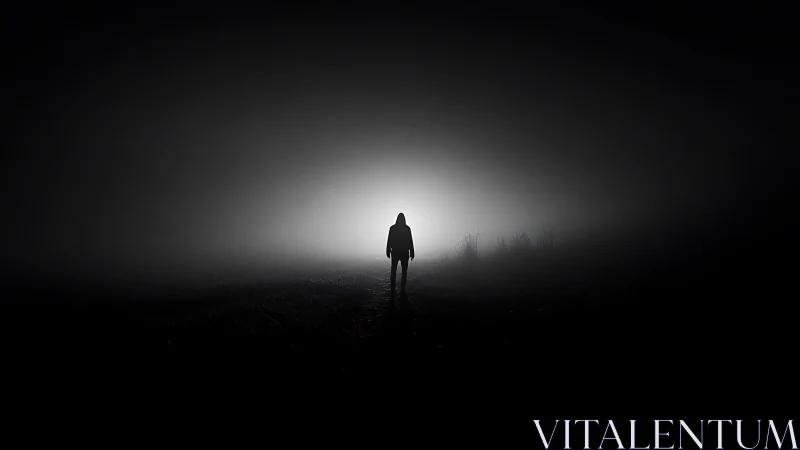 Silhouetted figure in backlit nocturnal fog field photograph.