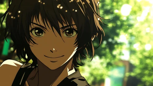Confident anime teen smiles in dappled summer sunlight.