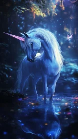 Blue unicorn standing by reflective forest pool at night.