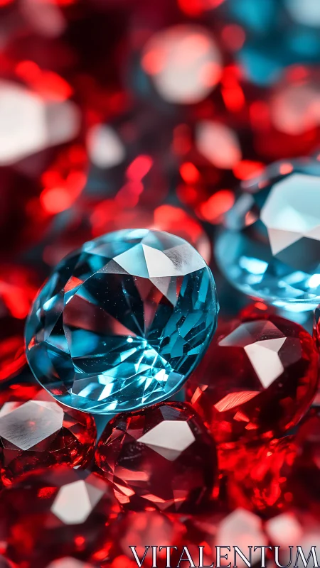 Gleaming blue gemstones amid vivid red crystal bokeh.