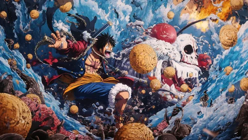 Straw-hatted pirate charges through storm of colossal sweets.