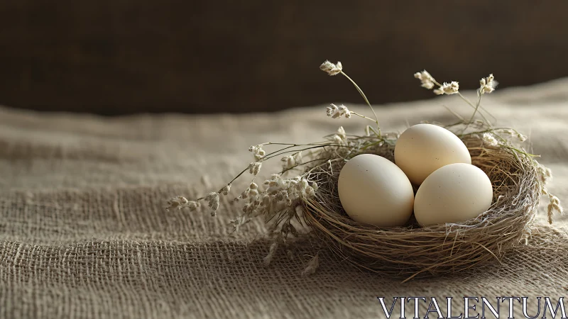 Three pale eggs rest in a straw nest on coarse burlap