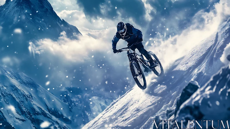 Mountain biker carving icy descent through storm light.