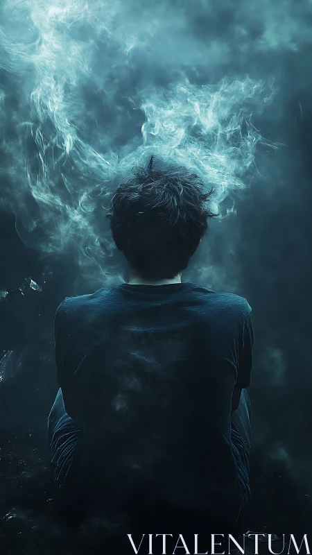 Solitary figure sits in swirling teal vaporous haze