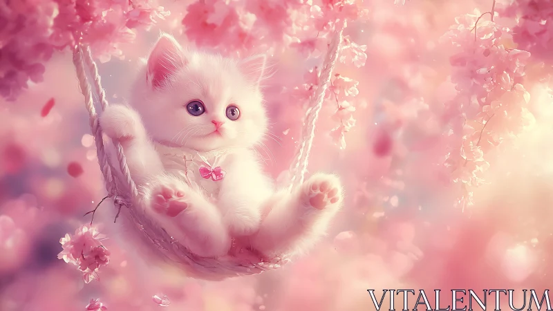 White Kitten on Flower Swing in Pink Ethereal Garden Scene.