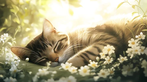 Peaceful tabby cat rests among gentle white flowers in warm sunlight