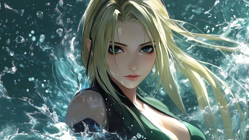 Blonde anime woman in dynamic water splash environment.