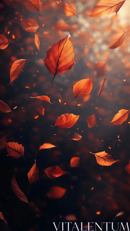 Autumn leaves drift through warm backlit forest air