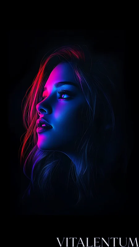 Neon-lit female profile in luminous red and blue gradients.