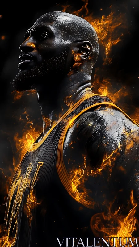 High-contrast athlete portrait wrapped in dynamic procedural fire effects