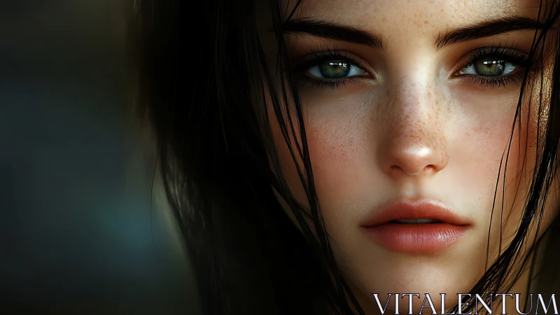 Intense freckled portrait with luminous green eyes in focus.