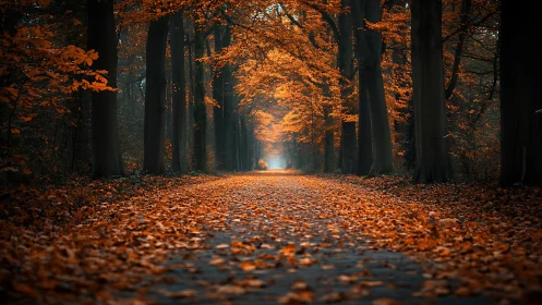 Autumn Forest Corridor with Golden Foliage and Atmospheric Depth.
