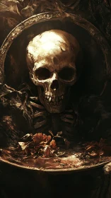 Luminous skull crowns a macabre altar of withered flowers