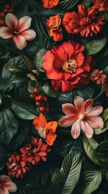 Red and pink garden flowers with green foliage arranged overhead.