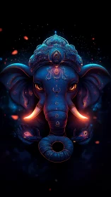 Luminous elephant deity in glowing cosmic midnight blues.
