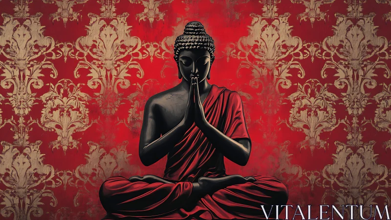 Calm seated Buddha in deep red stillness and quiet grace.