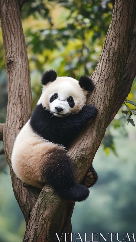 Young panda clings securely to forked tree trunk outdoors
