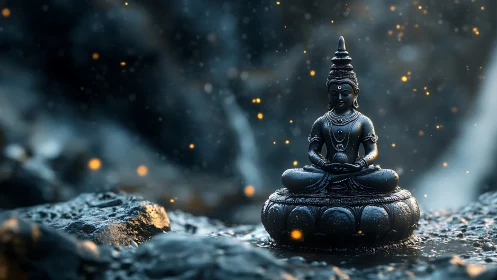 Bronze Buddha statue in wet rocky landscape at dusk.